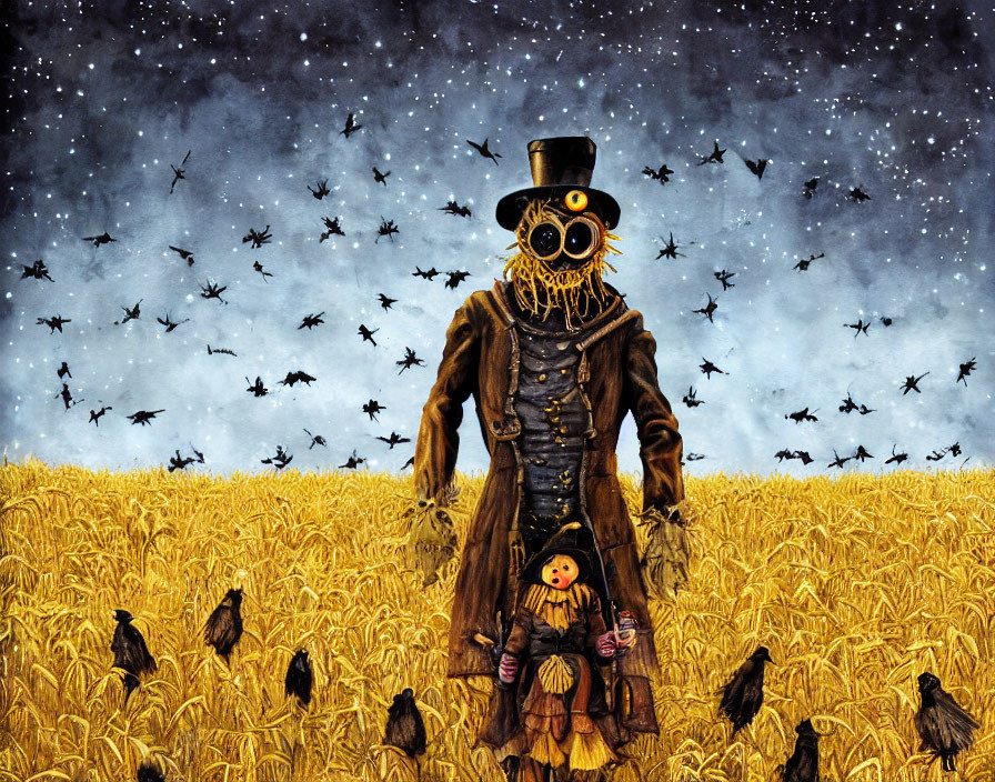 Surreal scarecrow with gas mask, top hat, and doll in wheat field at night