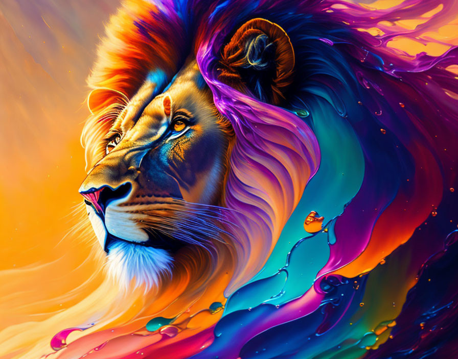 Colorful Lion Artwork with Liquid Paint Mane on Orange Background