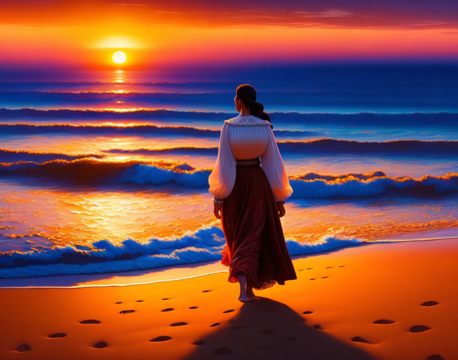 Traditional Attire Figure Admiring Sunset on Beach