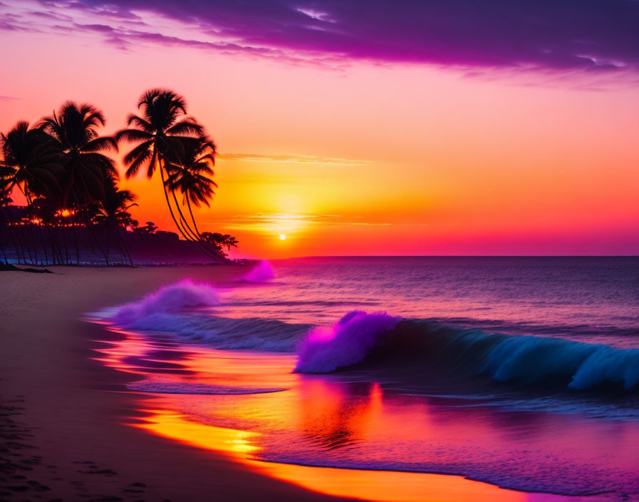 Vivid Purple and Orange Beach Sunset with Palm Tree Silhouettes