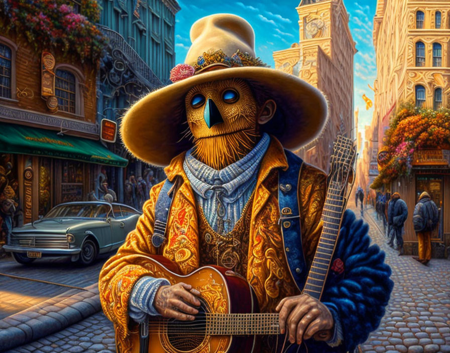 Colorful humanoid figure with bird mask playing guitar on vintage street.