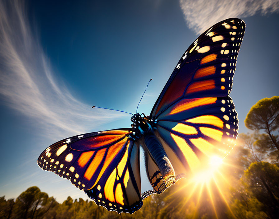 Monarch butterfly with spread wings backlit by sun against blue sky and trees