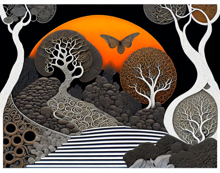 Surreal monochromatic landscape with stylized trees, butterfly, and intricate patterns