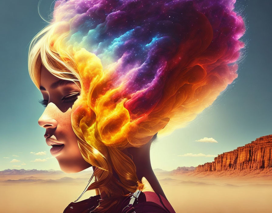 Colorful nebula-like hair profile against desert backdrop