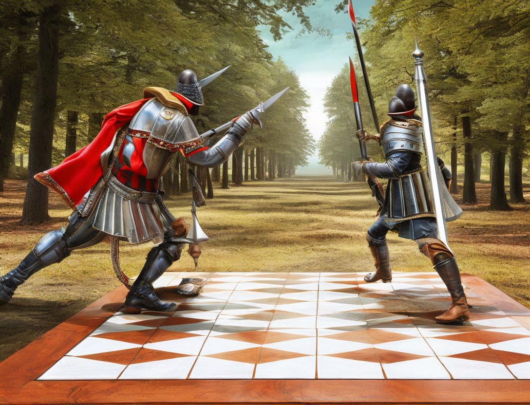 Knights in full armor sword fighting on giant chessboard in forest