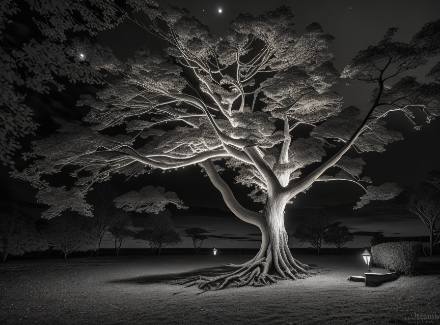 Majestic illuminated tree in tranquil park setting at night