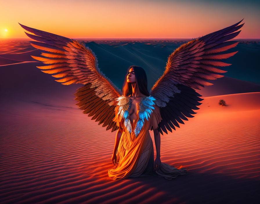 Person with bird-like wings in orange gown at desert sunset