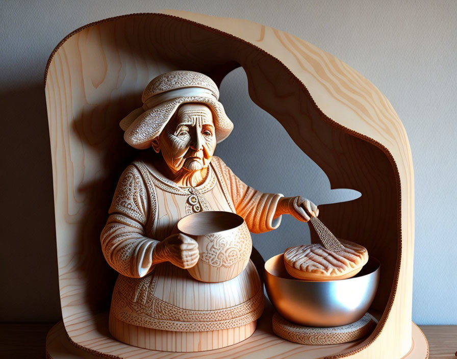 Wooden Sculpture of Grandmotherly Figure Preparing Food in Arched Alcove