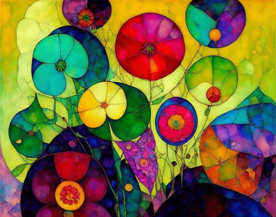 Vibrant abstract art: translucent circles overlap in colorful stained-glass patterns