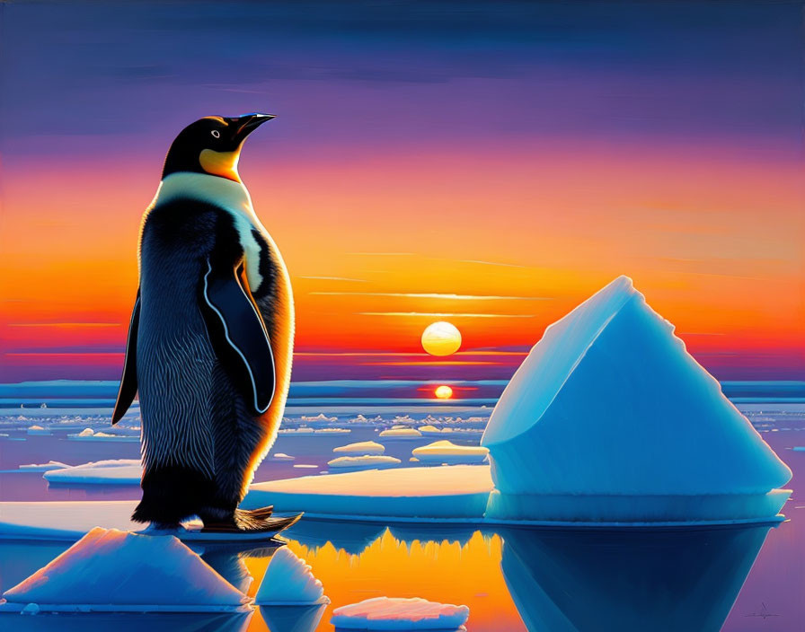 Penguin on Ice Floe at Sunset with Sun and Ice Formation