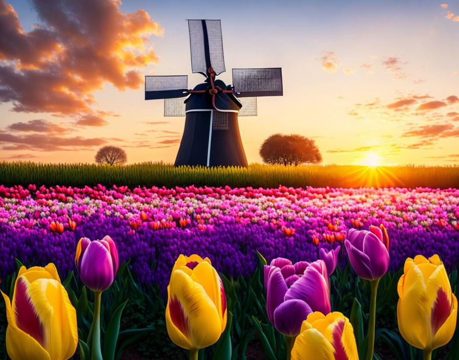 Multicolored tulip field with windmill at sunset