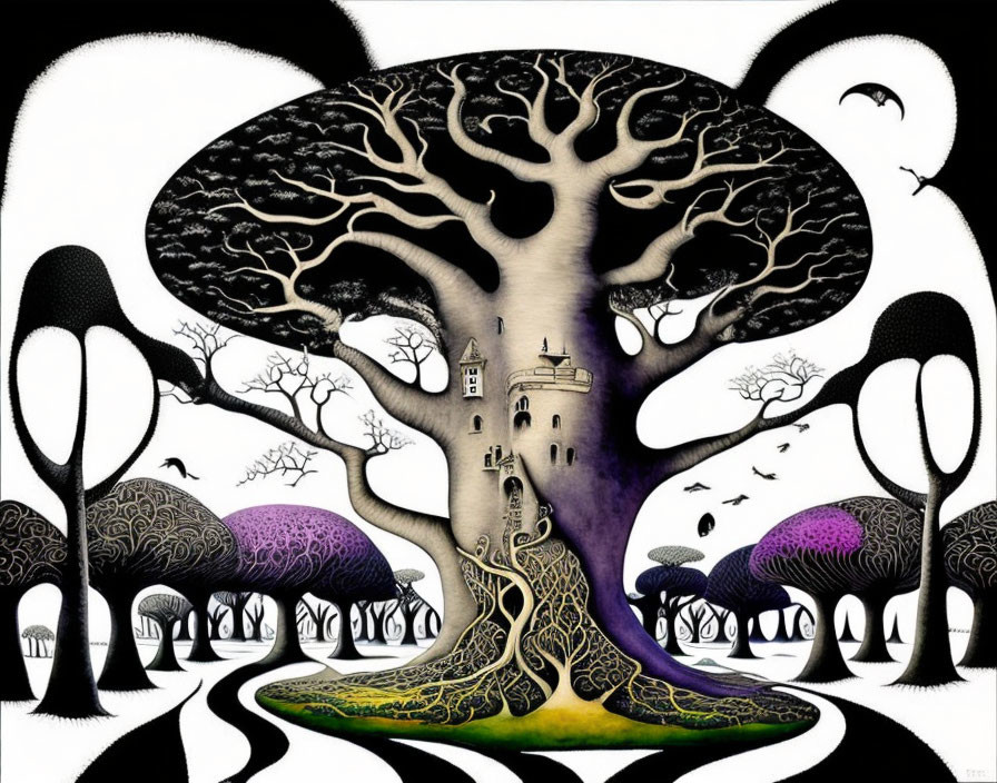 Surreal black and white illustration of castle in tree trunk with whimsical landscape