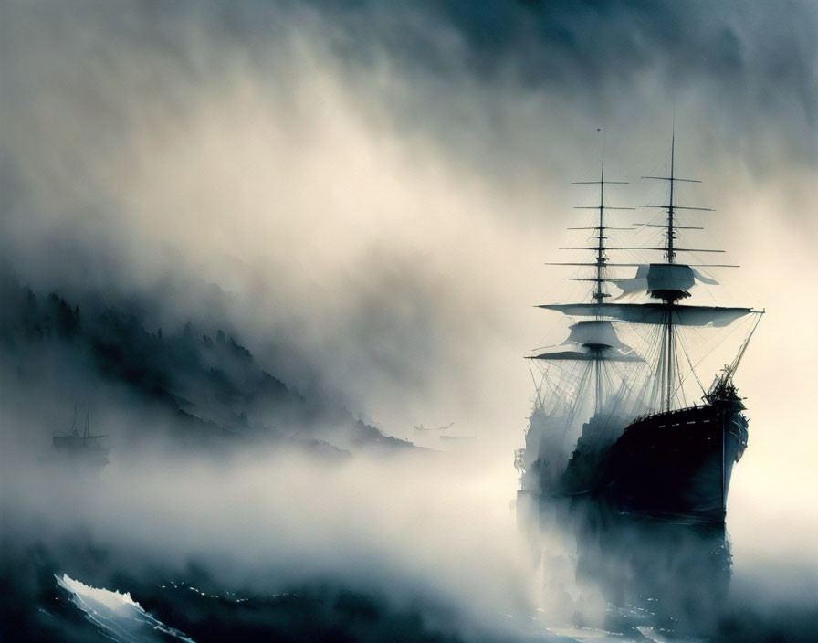 Ghostly sailing ship in thick mist on water