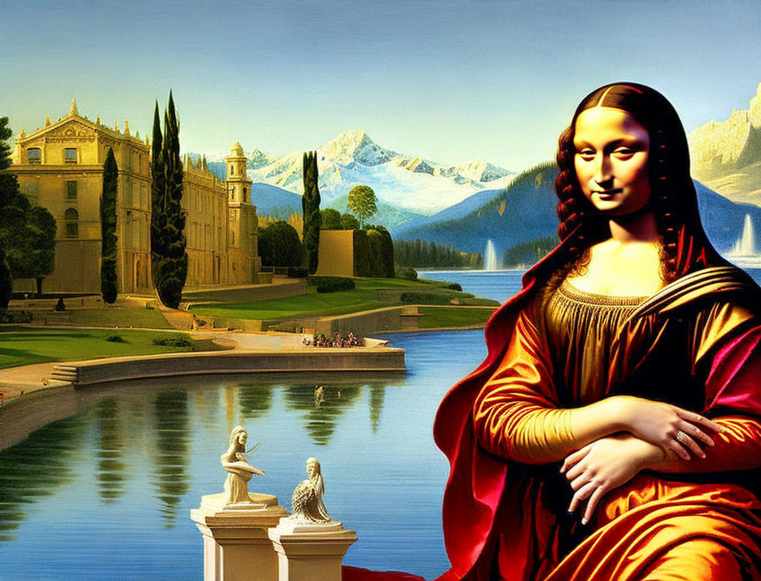 Digital art: Mona Lisa merged with serene landscape and classical architecture