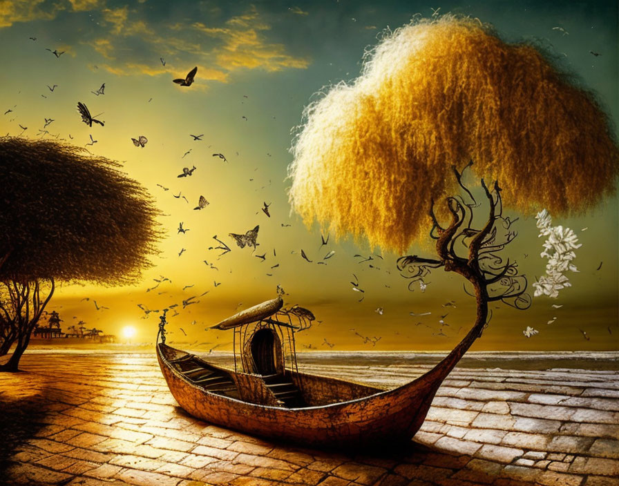 Surreal wooden boat with tree and cloud canopy on brick ground at sunset