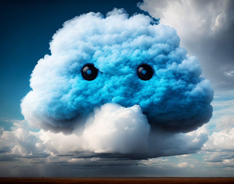 Cartoonish cloud with eyes in blue sky above open landscape