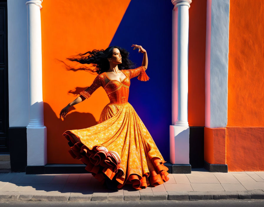 Vibrant woman in orange dress dancing between blue and orange walls