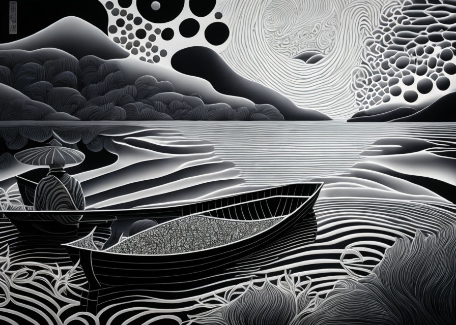 Monochromatic digital artwork of boat on calm water, undulating hills, and swirling skies