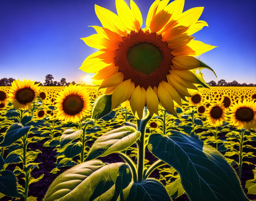 Bright sunflowers in bloom under sunset sky