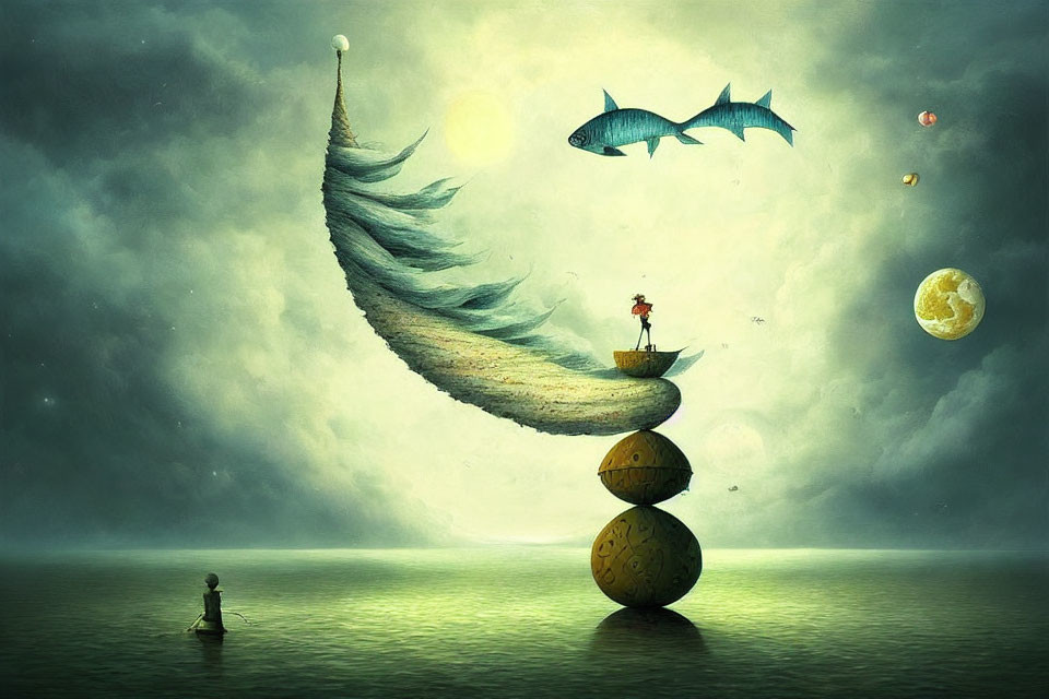 Person on Stacked Orbs, Flying Fish, Boat, Celestial Bodies, Large Feather