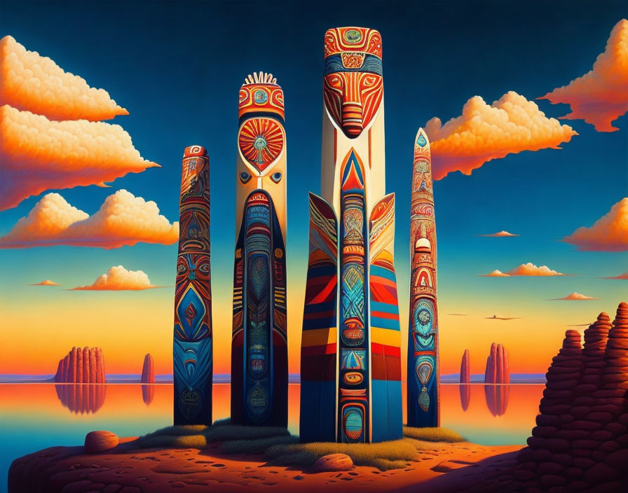 Colorful Totem Poles by Calm Lake at Sunset with Stylized Clouds