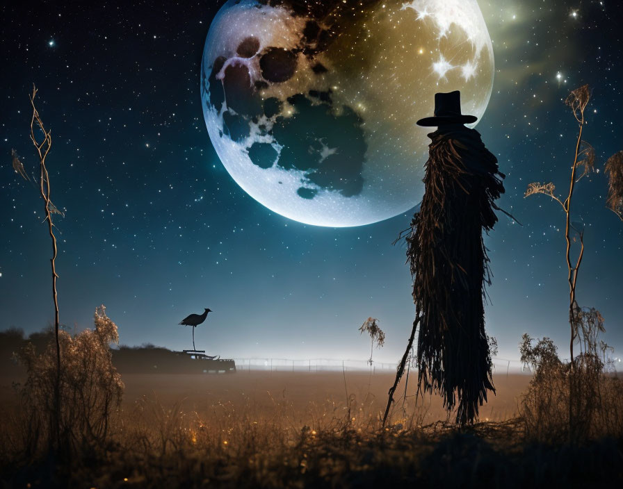 Scarecrow with hat in night field under vivid moon, bird perched on top.