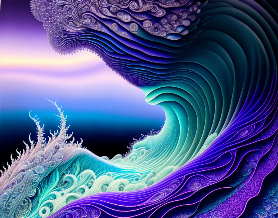 Abstract digital artwork: Stylized wave with fractal patterns in blue and purple