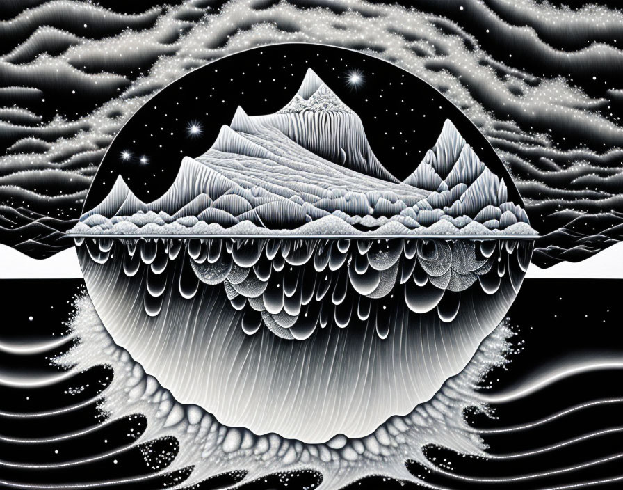 Monochromatic image of stylized mountain reflection with surreal waves