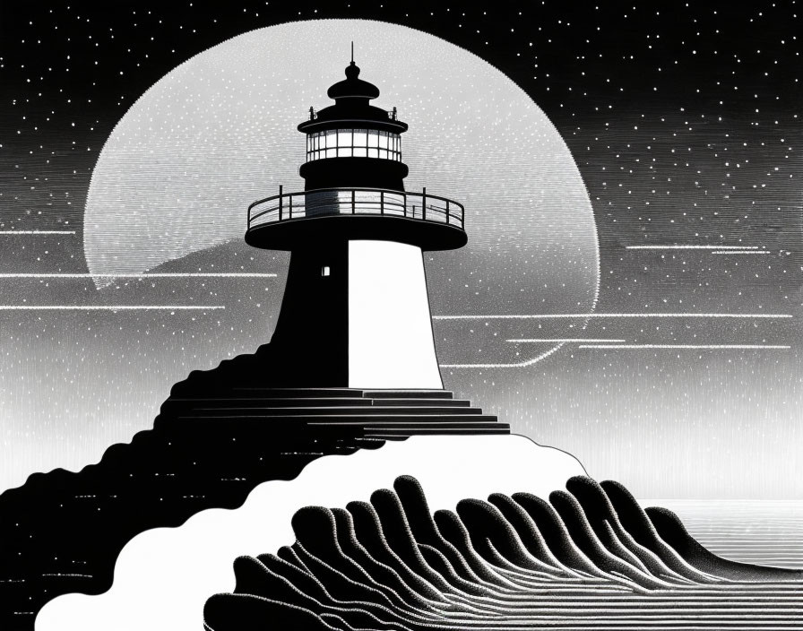 Monochrome illustration of lighthouse on rocky outcrop under full moon