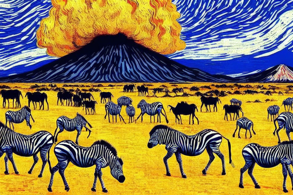 Image of zebras grazing with erupting volcano and vibrant sky patterns