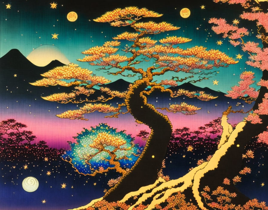 Golden leaf tree painting against cosmic backdrop with moon, stars, galaxy