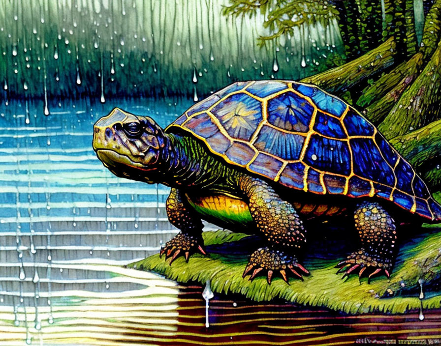 Colorful Turtle on Grassy Bank Under Rainfall