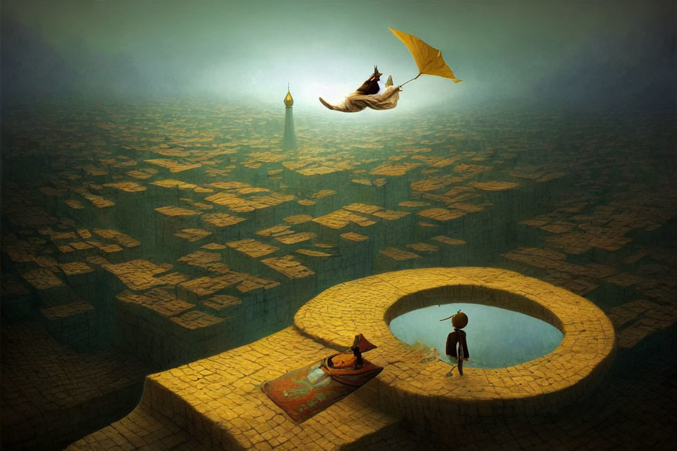 Whimsical floating character with umbrella in maze landscape.