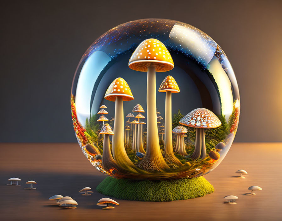 Vibrant oversized mushrooms in transparent sphere on miniature landscape.