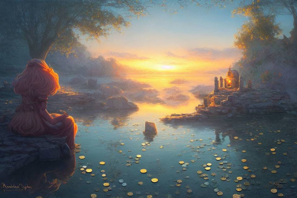 Tranquil pond scene with person by sunset and lanterns