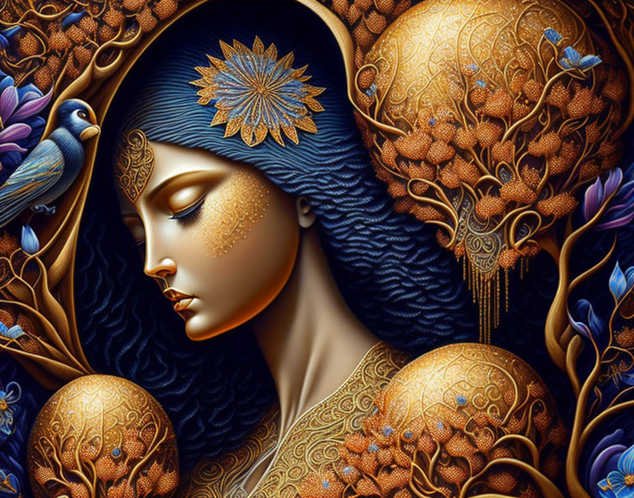 Detailed Artwork: Woman with Blue Hair and Golden Adornments Amid Floral Patterns and Birds on Dark