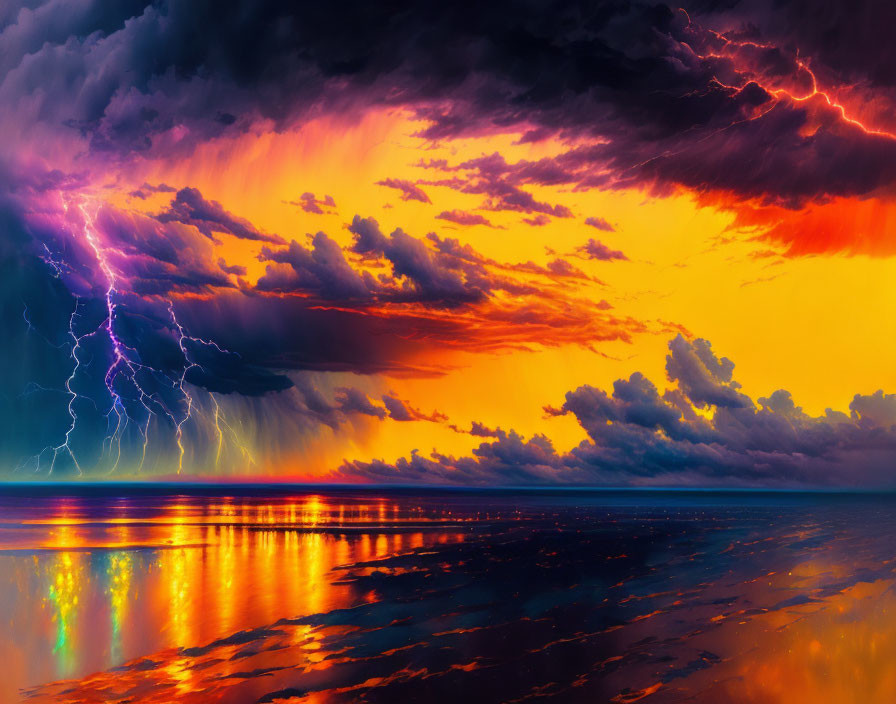 Scenic sunset with orange and yellow hues, storm clouds, and lightning strikes.