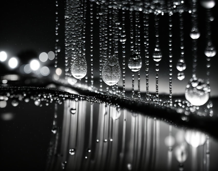 Monochrome close-up: water droplets with reflection and bokeh lights