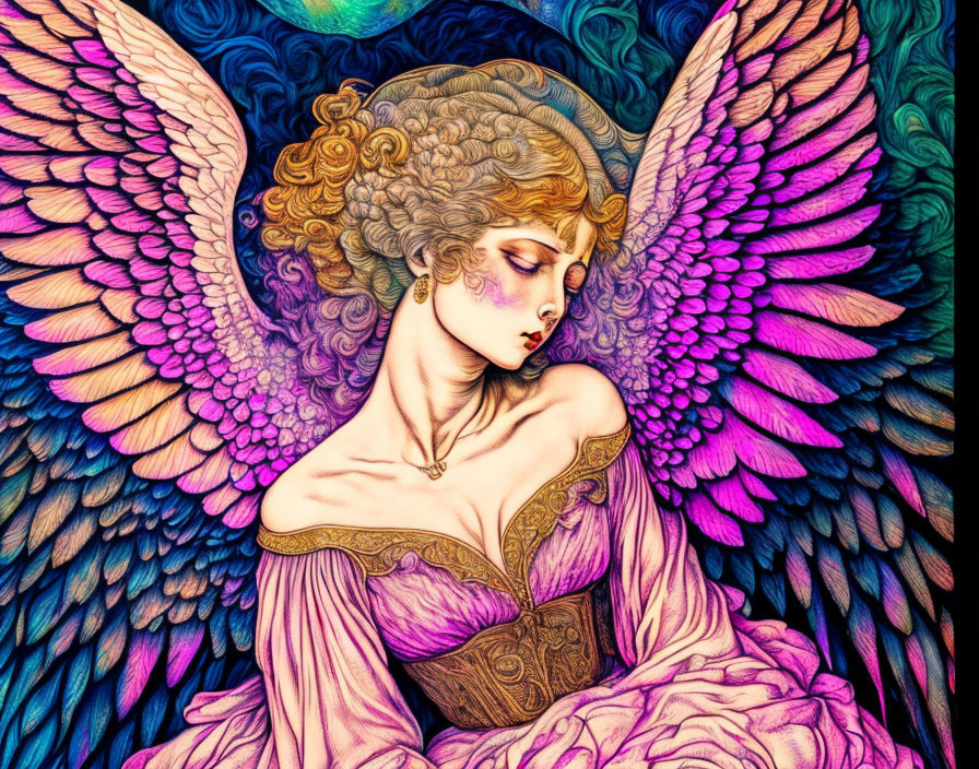 Colorful angelic figure with curly hair and pink gown.