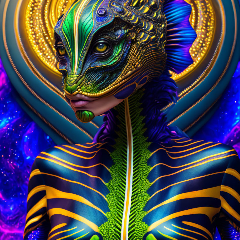 Colorful surreal portrait with fish-like mask against cosmic backdrop