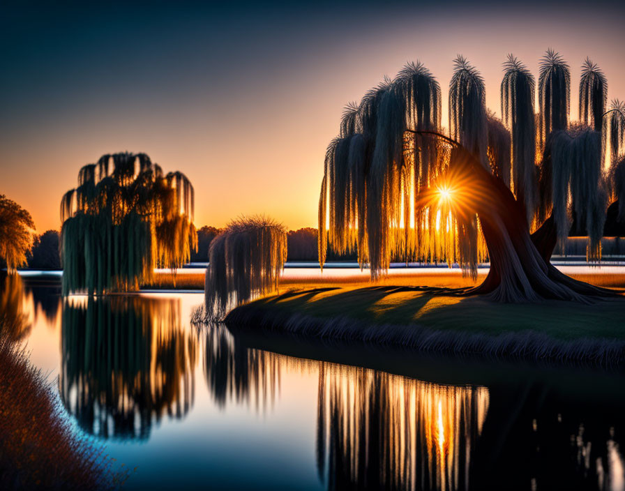 Tranquil sunset over serene lake with weeping willow trees