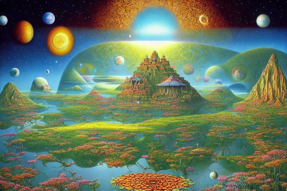 Fantasy landscape with temple, floating islands, lotus, and celestial bodies