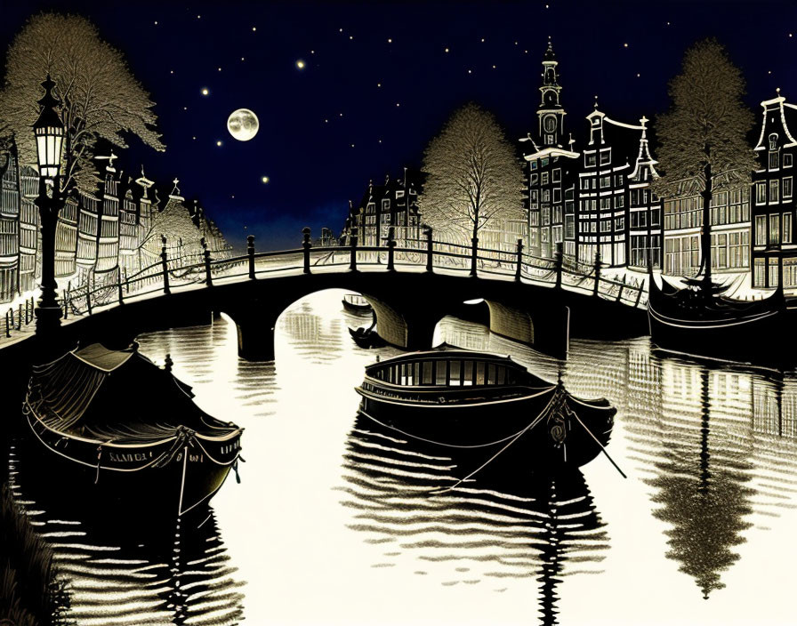 Nighttime Canal Scene with Moored Boats, Bridge, and Full Moon