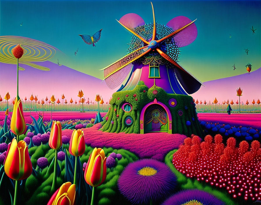 Colorful Psychedelic Illustration of Windmill House in Tulip Field