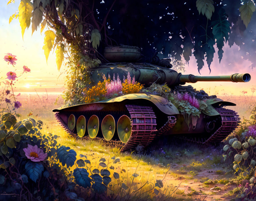 Overgrown military tank in vibrant flower-filled field at dusk