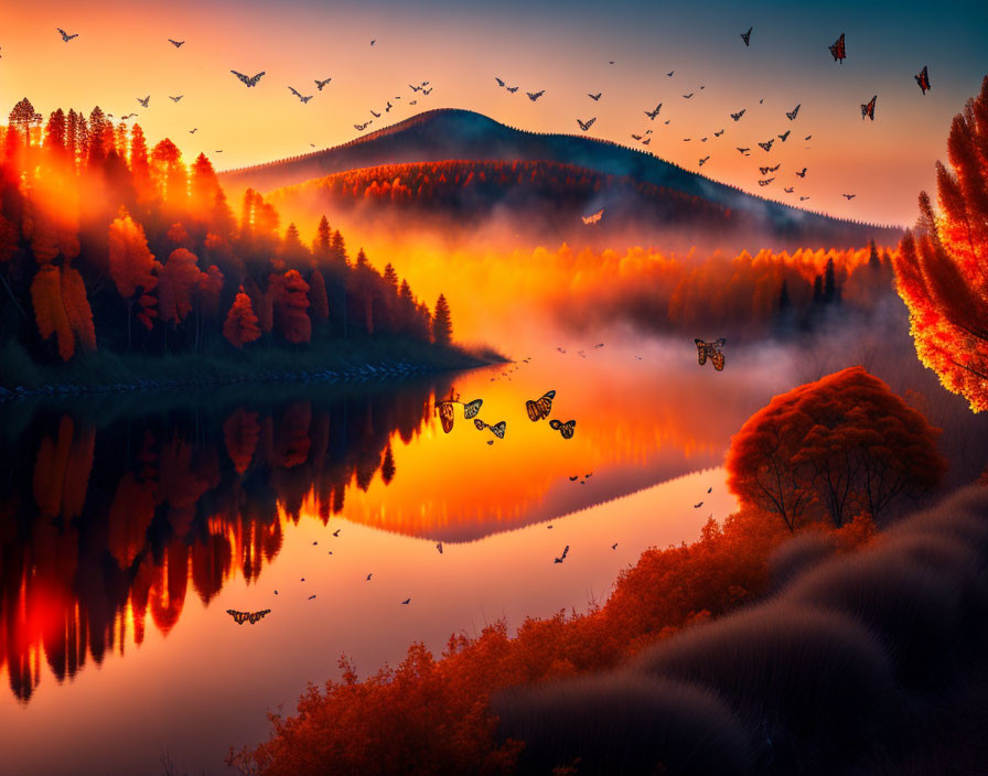 Tranquil lake at sunset with autumn foliage, mist, and birds