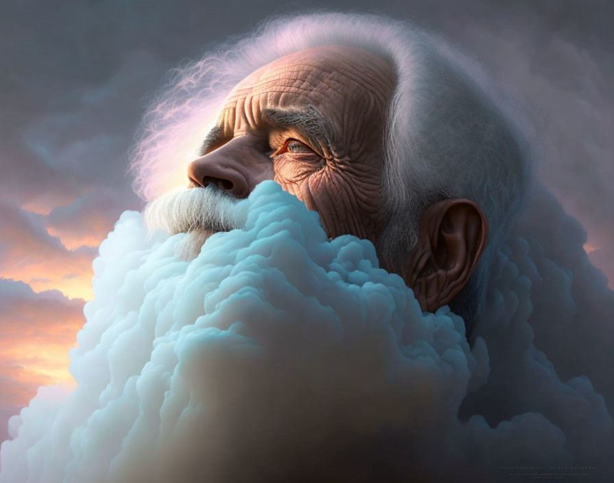 Elderly Man with White Beard Blending into Sunset Sky