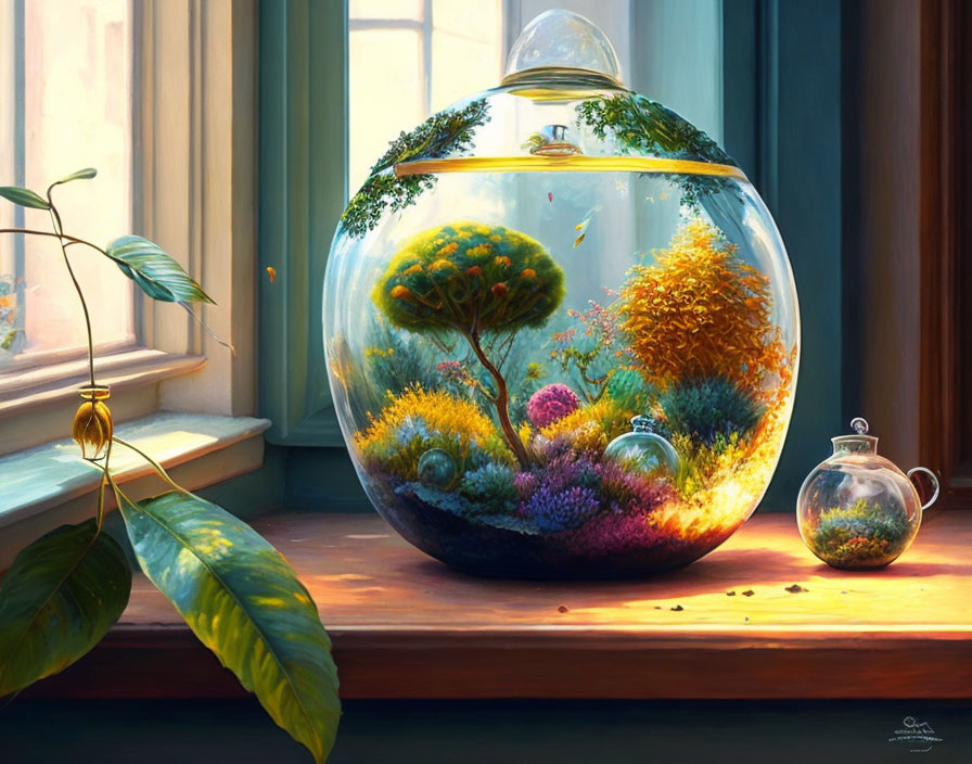 Colorful miniature ecosystem in round glass terrarium under sunlight