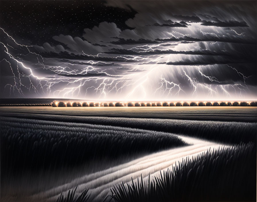 Stormy Night Landscape with Lightning Bolts and Stars