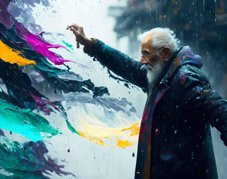 Elderly man with beard reaching vibrant swirling colors in rain backdrop